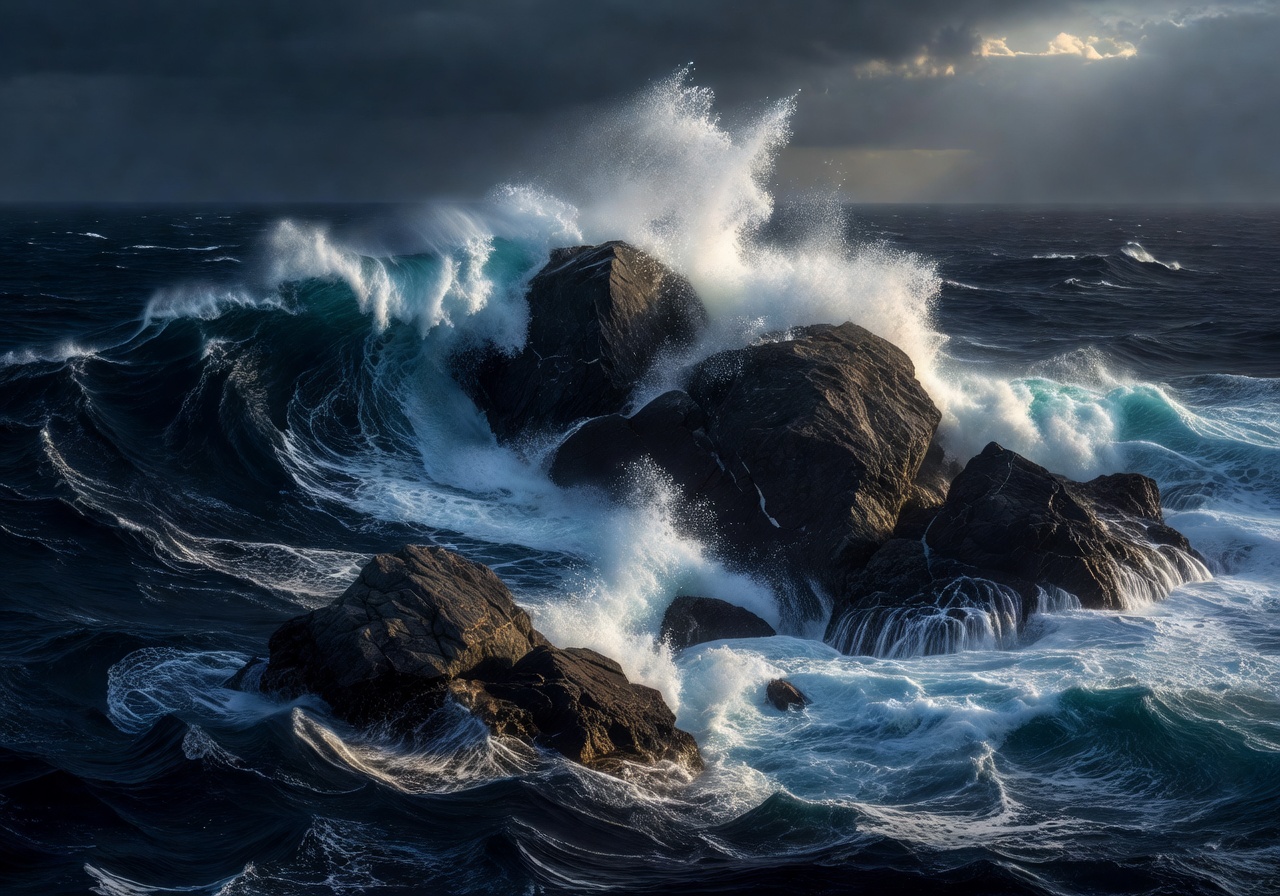Abstract visualization of stone interacting with deep ocean waves